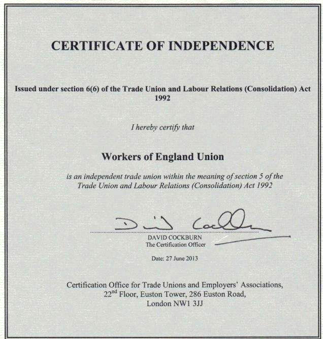 Workers of England Union Certificate of Independence